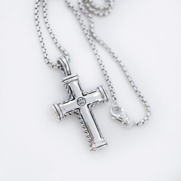David Yurman 925 Silver Black Diamonds Chevron Cross Pendant Necklace - Picture 3 of 6